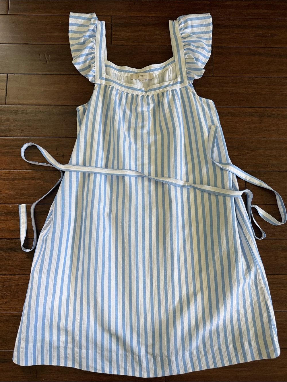 LOFT Light Blue and White Striped Ruffle-Shoulder Dress